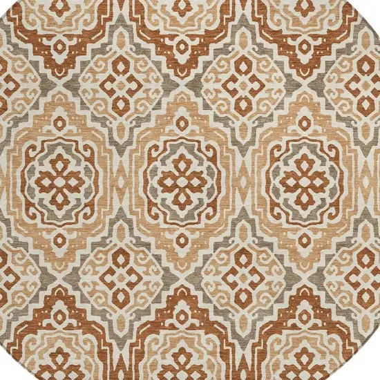 8' Orange And Gray Round Tribal Washable Indoor Outdoor Area Rug Photo 4