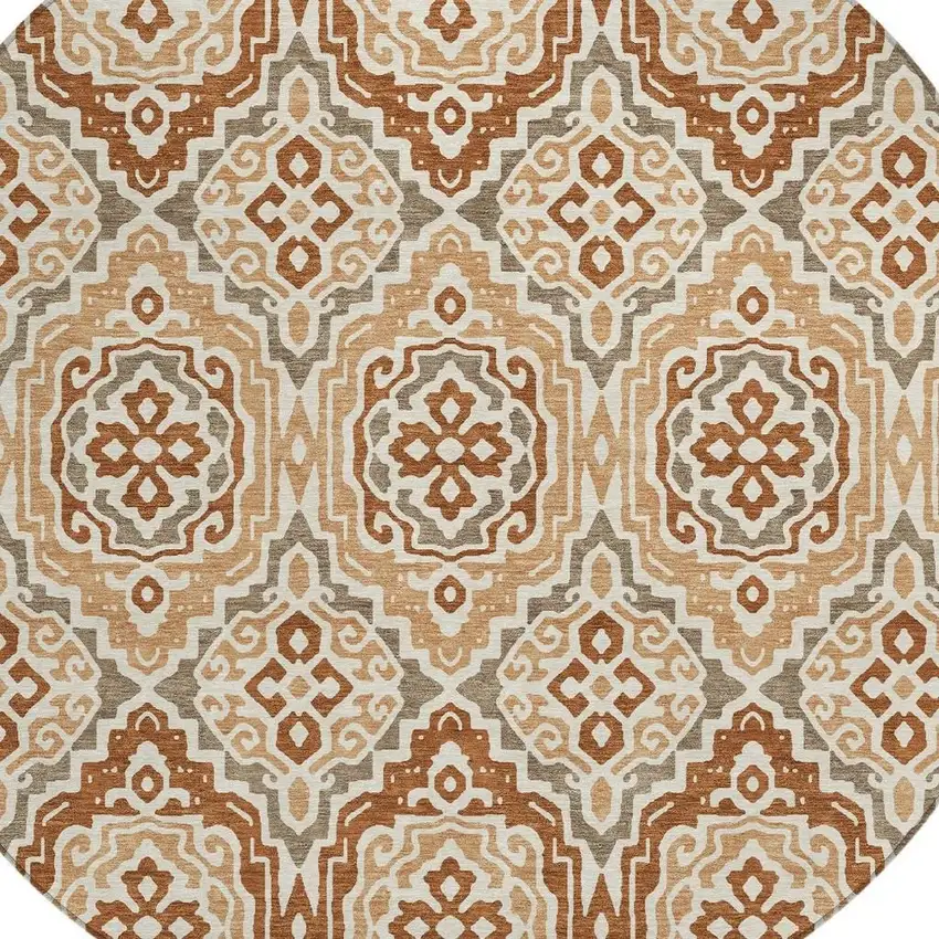 8' Orange And Gray Round Tribal Washable Indoor Outdoor Area Rug Photo 4