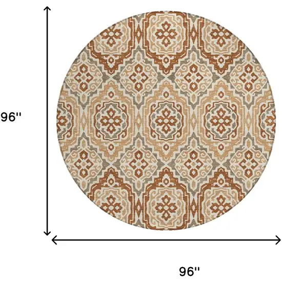 8' Orange And Gray Round Tribal Washable Indoor Outdoor Area Rug Photo 8