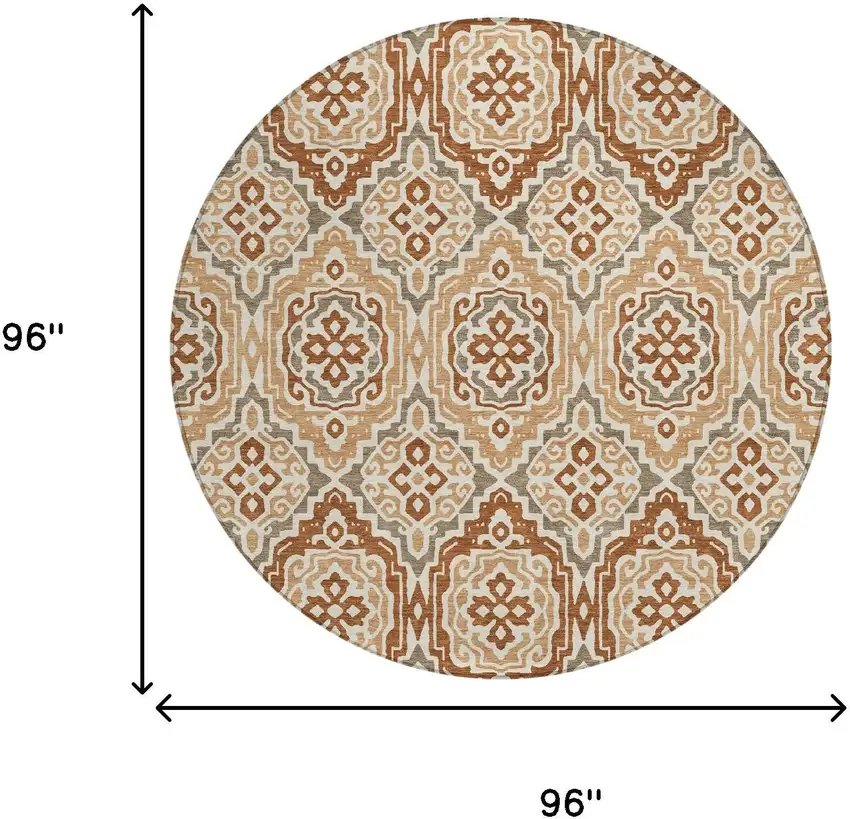 8' Orange And Gray Round Tribal Washable Indoor Outdoor Area Rug Photo 8