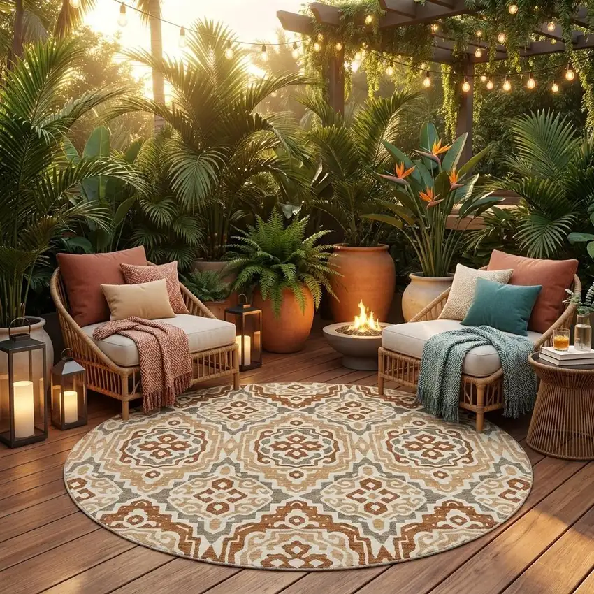 8' Orange And Gray Round Tribal Washable Indoor Outdoor Area Rug Photo 1
