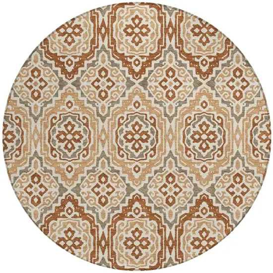 8' Orange And Gray Round Tribal Washable Indoor Outdoor Area Rug Photo 2