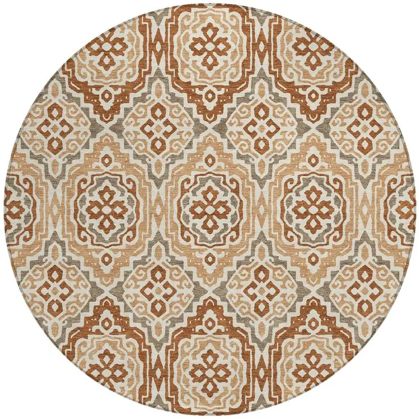 8' Orange And Gray Round Tribal Washable Indoor Outdoor Area Rug Photo 2