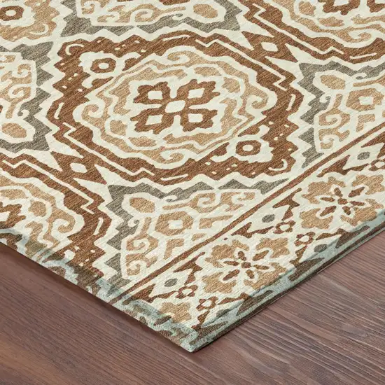 8' Orange And Gray Round Tribal Washable Indoor Outdoor Area Rug Photo 6
