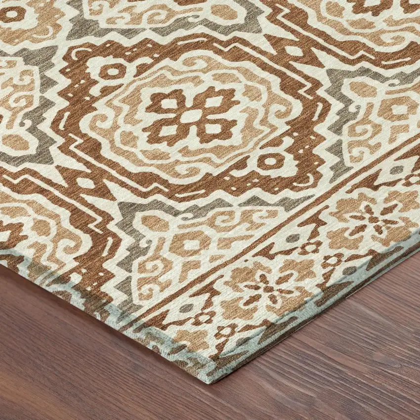 8' Orange And Gray Round Tribal Washable Indoor Outdoor Area Rug Photo 6