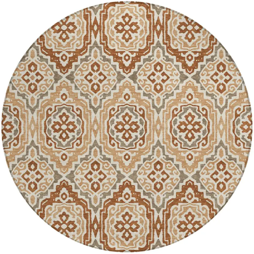 8' Orange And Gray Round Tribal Washable Indoor Outdoor Area Rug Photo 5