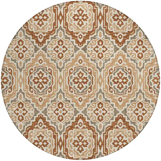 8' Orange And Gray Round Tribal Washable Indoor Outdoor Area Rug Photo 5