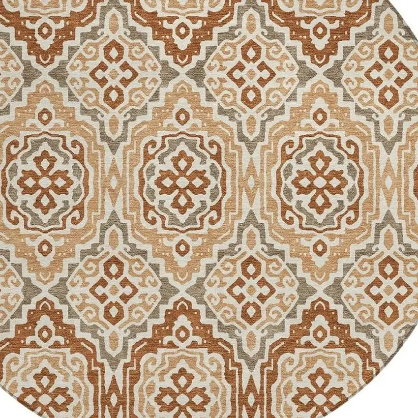 8' Orange And Gray Round Tribal Washable Indoor Outdoor Area Rug Photo 3