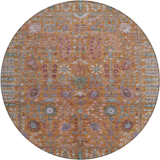 8' Orange And Green Round Floral Washable Indoor Outdoor Area Rug Photo 2