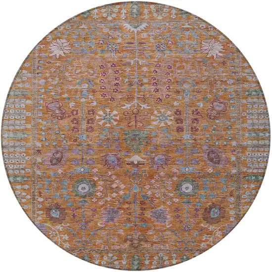 8' Orange And Green Round Floral Washable Indoor Outdoor Area Rug Photo 4
