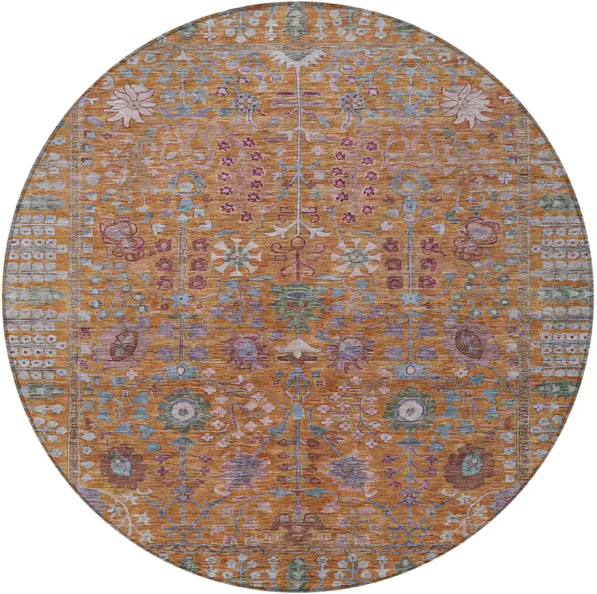 8' Orange And Green Round Floral Washable Indoor Outdoor Area Rug Photo 4