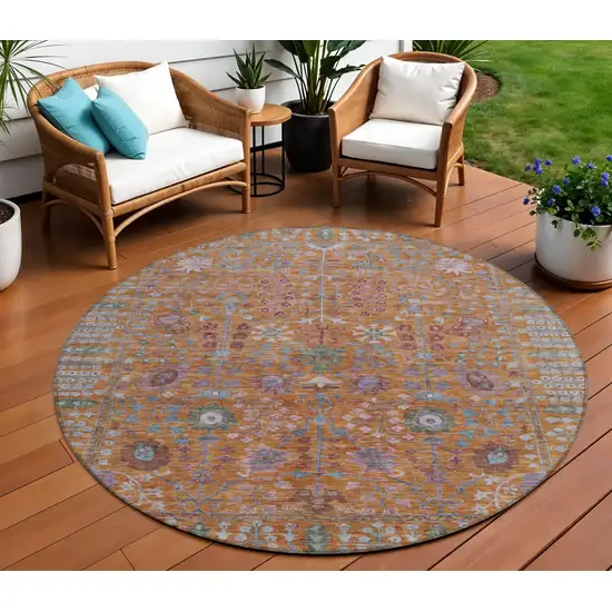 8' Orange And Green Round Floral Washable Indoor Outdoor Area Rug Photo 1