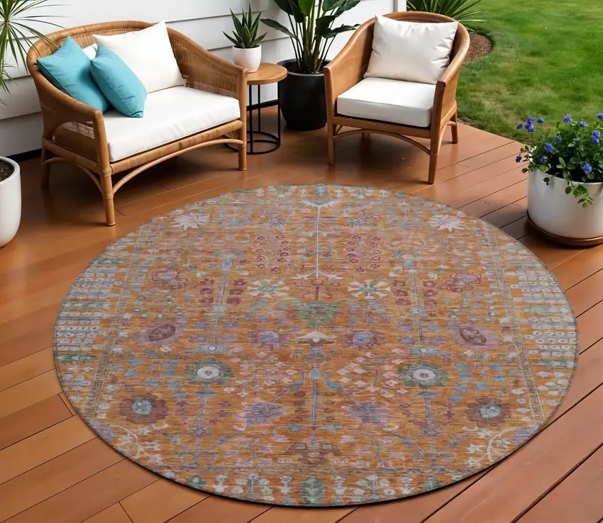 8' Orange And Green Round Floral Washable Indoor Outdoor Area Rug Photo 1
