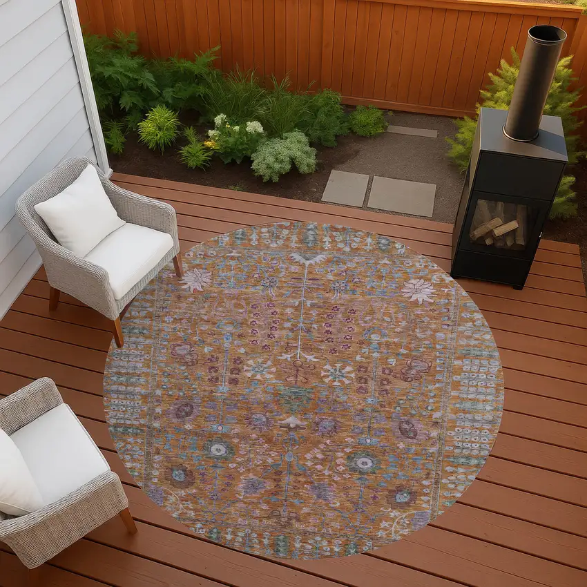 8' Orange And Green Round Floral Washable Indoor Outdoor Area Rug Photo 7
