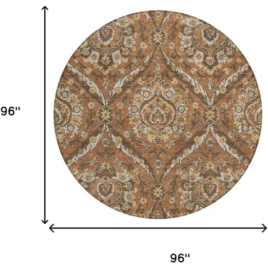 8' Orange And Green Round Floral Washable Indoor Outdoor Area Rug Photo 7