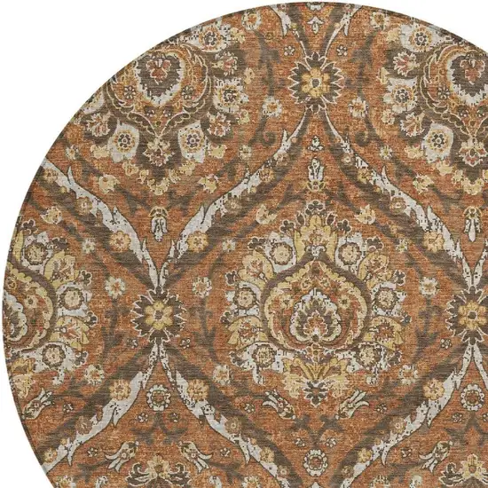 8' Orange And Green Round Floral Washable Indoor Outdoor Area Rug Photo 3