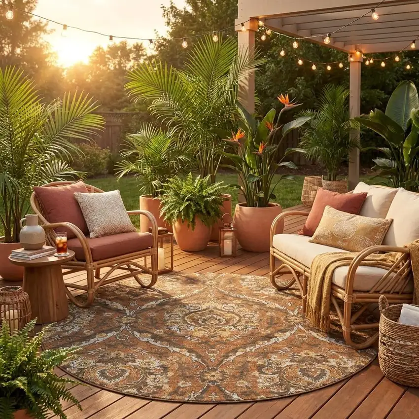 8' Orange And Green Round Floral Washable Indoor Outdoor Area Rug Photo 1