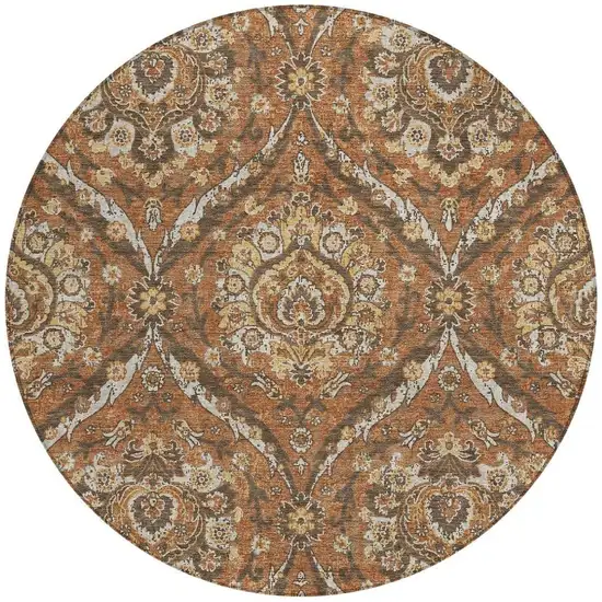 8' Orange And Green Round Floral Washable Indoor Outdoor Area Rug Photo 4