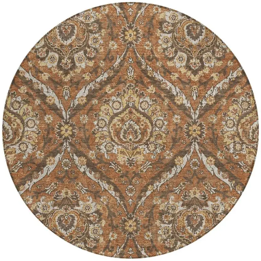 8' Orange And Green Round Floral Washable Indoor Outdoor Area Rug Photo 4