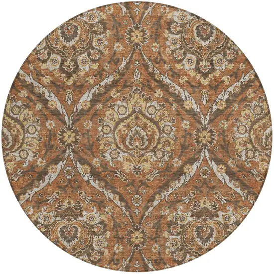 8' Orange And Green Round Floral Washable Indoor Outdoor Area Rug Photo 2
