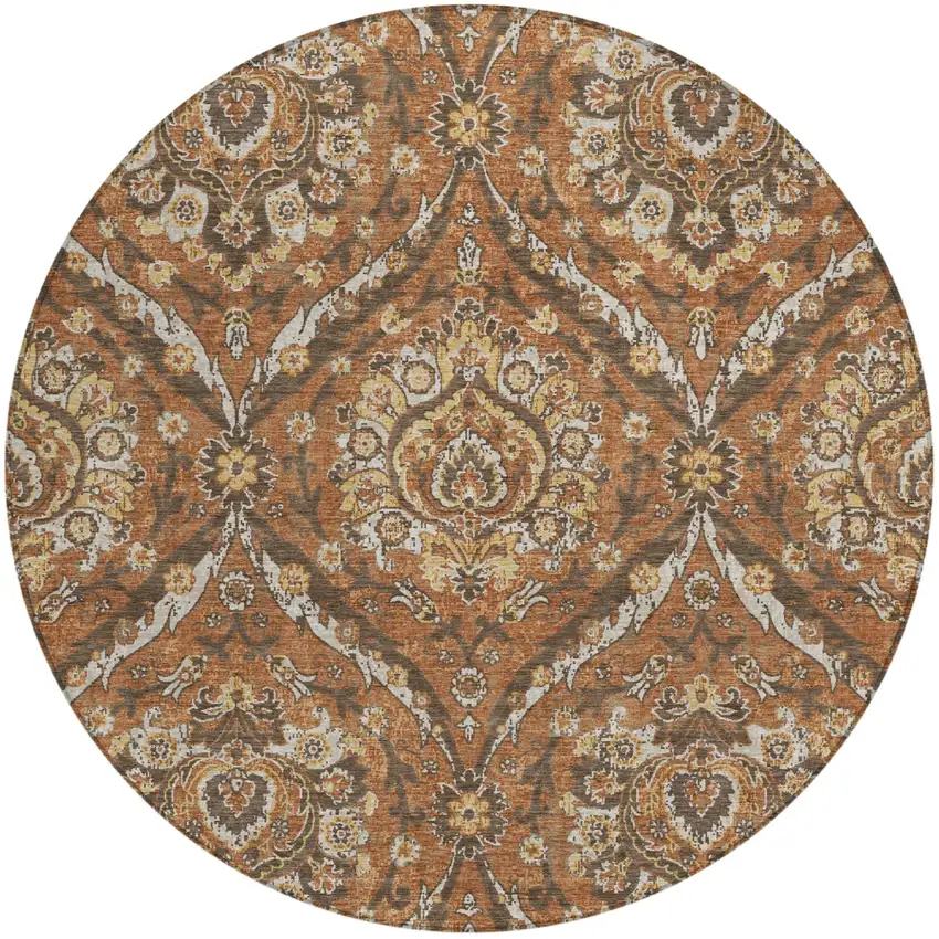 8' Orange And Green Round Floral Washable Indoor Outdoor Area Rug Photo 2