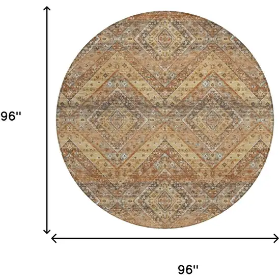 8' Orange And Green Round Tribal Washable Indoor Outdoor Area Rug Photo 7