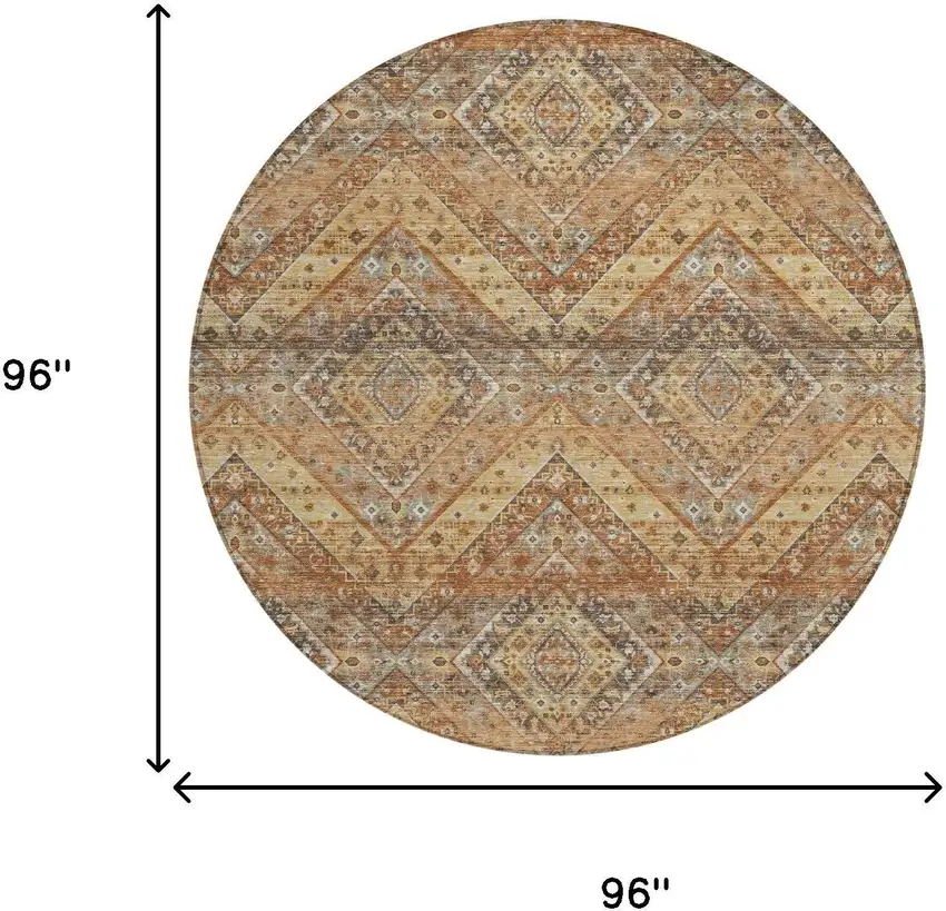 8' Orange And Green Round Tribal Washable Indoor Outdoor Area Rug Photo 7