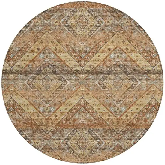 8' Orange And Green Round Tribal Washable Indoor Outdoor Area Rug Photo 4