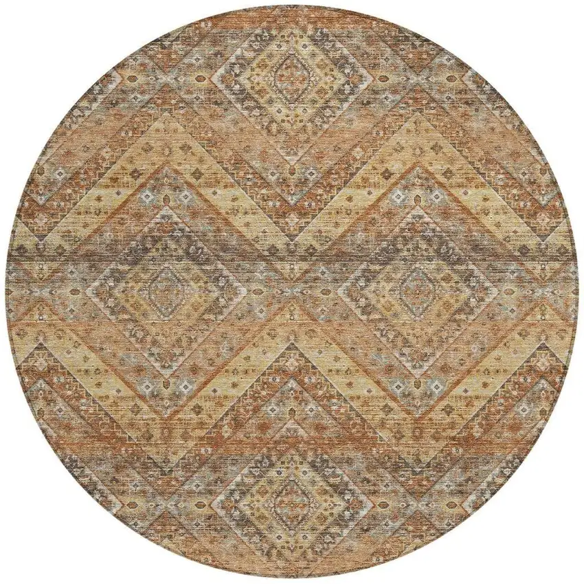 8' Orange And Green Round Tribal Washable Indoor Outdoor Area Rug Photo 4