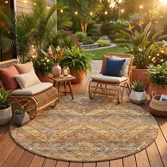 8' Orange And Green Round Tribal Washable Indoor Outdoor Area Rug Photo 1