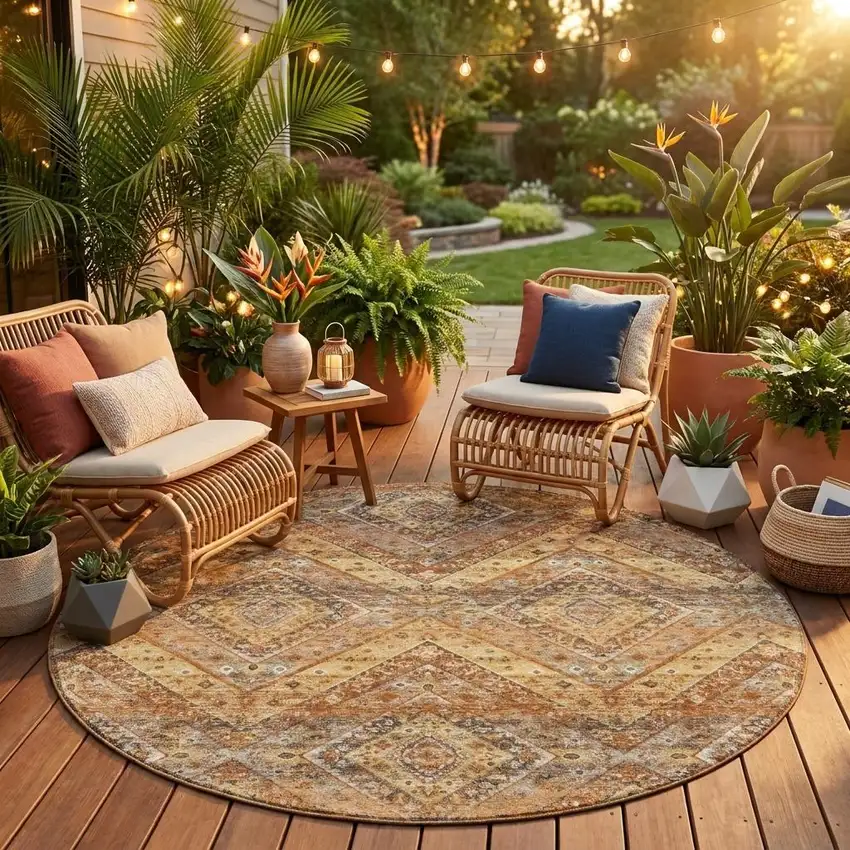 8' Orange And Green Round Tribal Washable Indoor Outdoor Area Rug Photo 1
