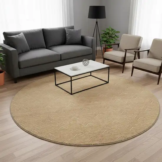 8' Orange And Ivory Abstract Geometric Washable Round Rug With UV Protection Photo 2