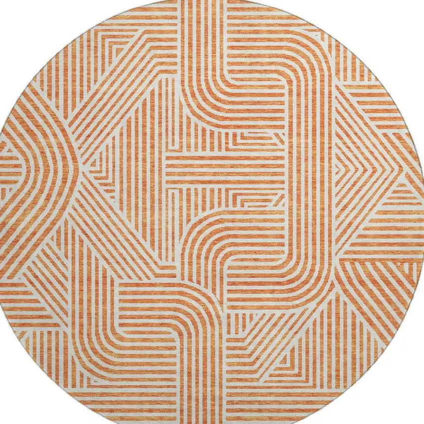 8' Orange And Ivory Abstract Geometric Washable Round Rug With UV Protection Photo 3