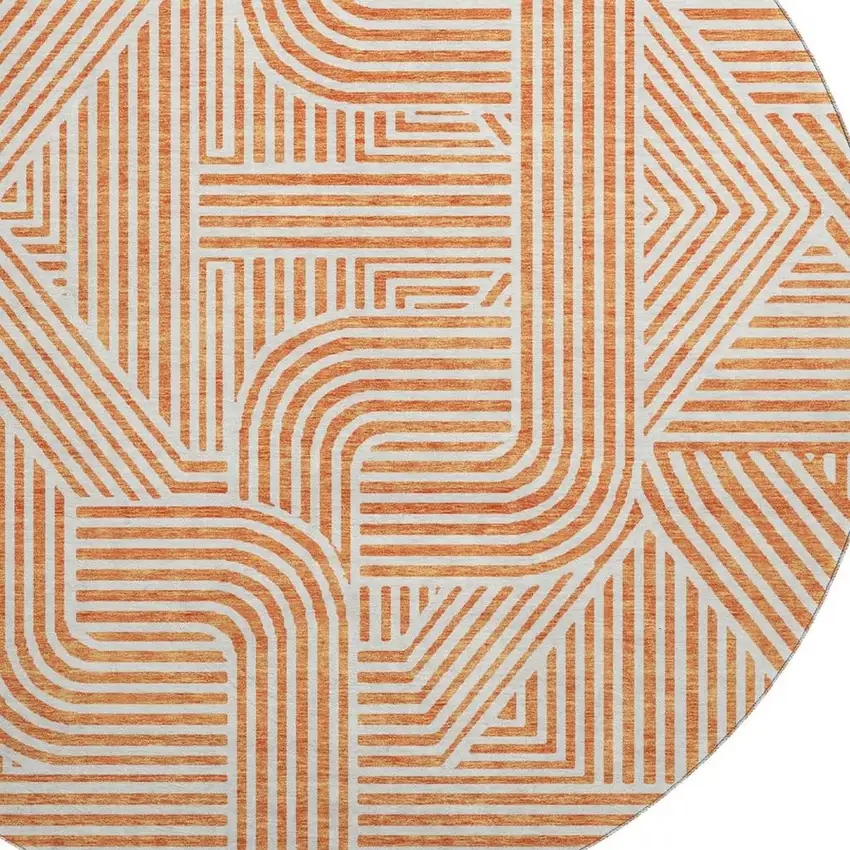 8' Orange And Ivory Abstract Geometric Washable Round Rug With UV Protection Photo 2
