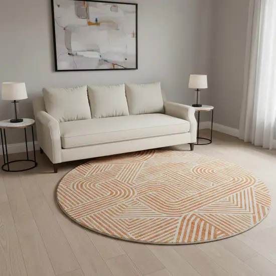 8' Orange And Ivory Abstract Geometric Washable Round Rug With UV Protection Photo 2