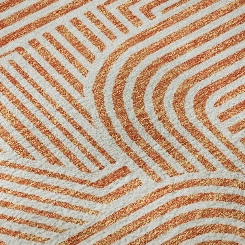 8' Orange And Ivory Abstract Geometric Washable Round Rug With UV Protection Photo 8