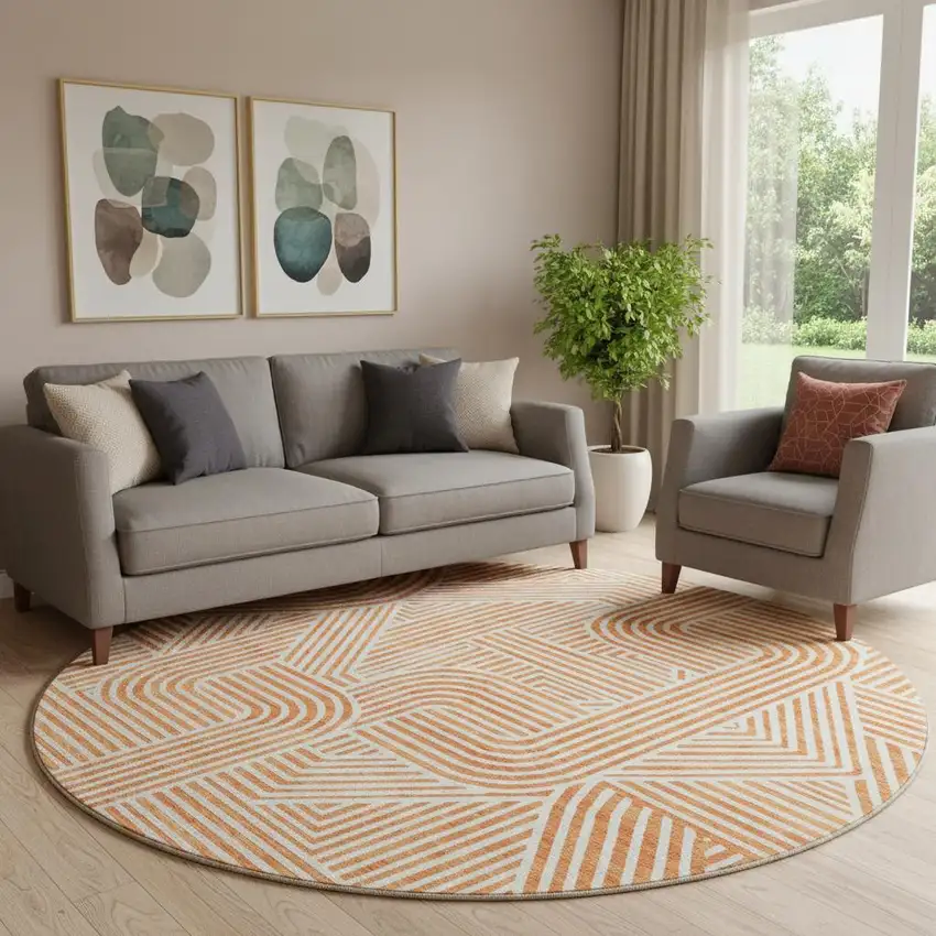 8' Orange And Ivory Abstract Geometric Washable Round Rug With UV Protection Photo 1