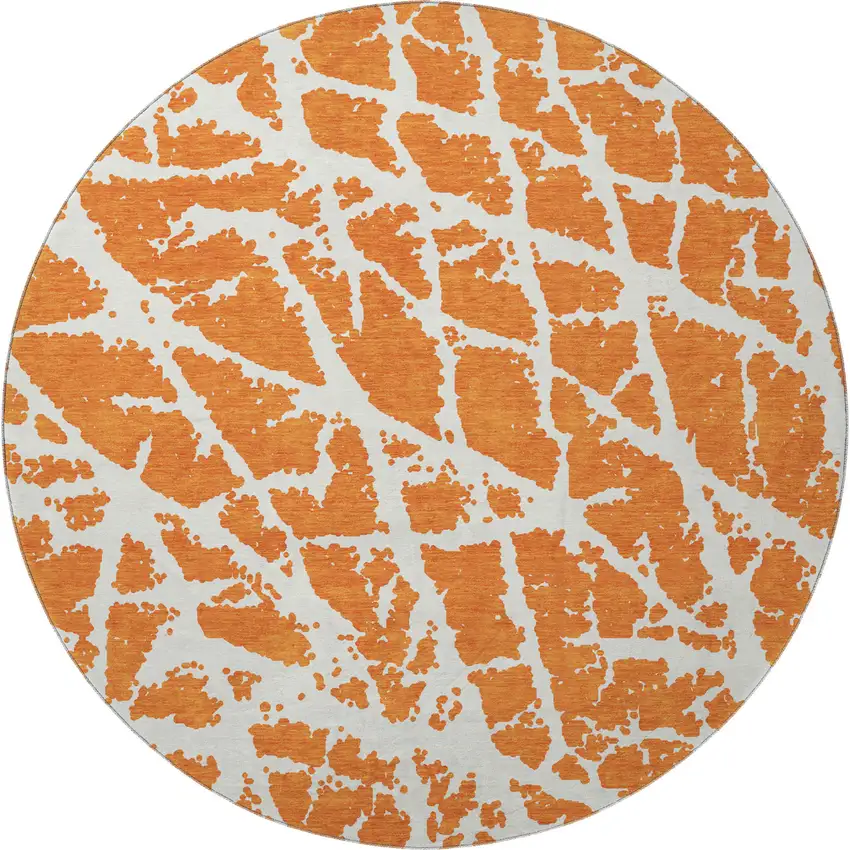 8' Orange And Ivory Abstract Washable Round Rug With UV Protection Photo 4