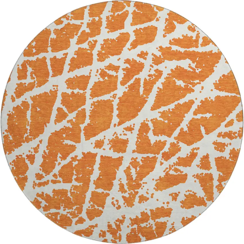 8' Orange And Ivory Abstract Washable Round Rug With UV Protection Photo 1