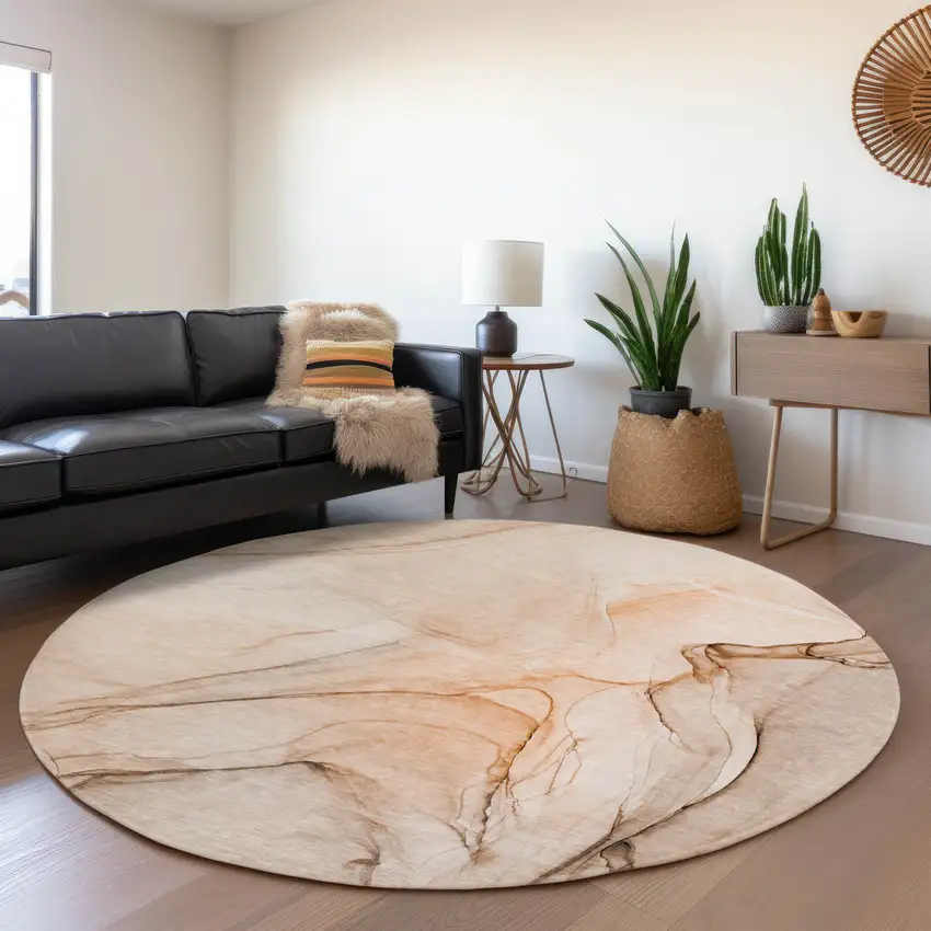 8' Orange And Ivory Abstract Washable Round Rug With UV Protection Photo 5