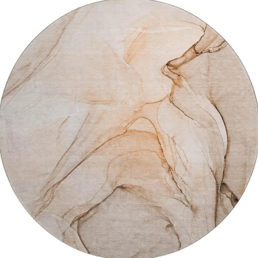 8' Orange And Ivory Abstract Washable Round Rug With UV Protection Photo 4