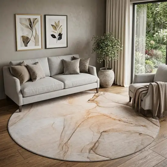 8' Orange And Ivory Abstract Washable Round Rug With UV Protection Photo 1