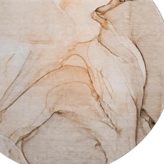 8' Orange And Ivory Abstract Washable Round Rug With UV Protection Photo 3