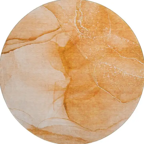 8' Orange And Ivory Abstract Washable Round Rug With UV Protection Photo 4