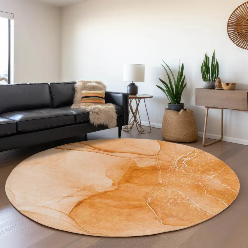 8' Orange And Ivory Abstract Washable Round Rug With UV Protection Photo 5
