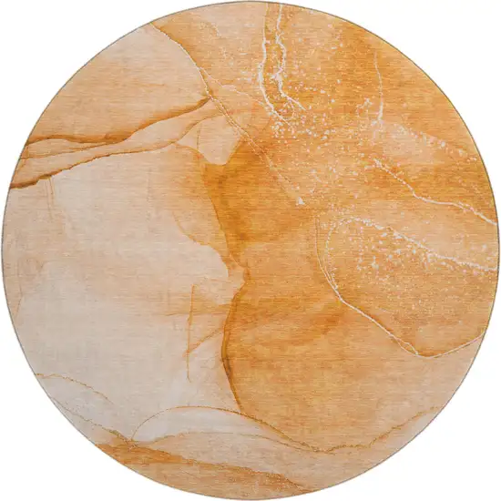 8' Orange And Ivory Abstract Washable Round Rug With UV Protection Photo 1
