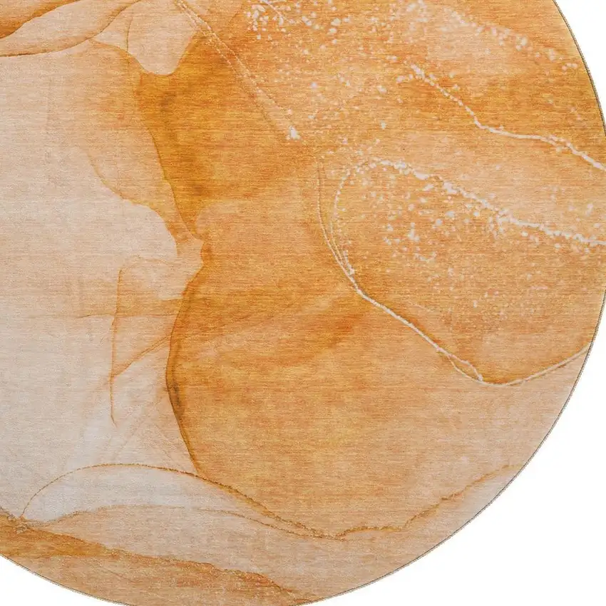 8' Orange And Ivory Abstract Washable Round Rug With UV Protection Photo 3