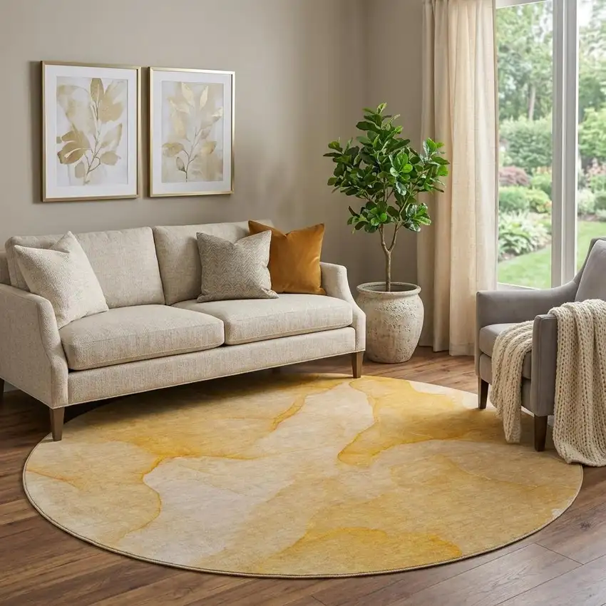 8' Orange And Ivory Abstract Washable Round Rug With UV Protection Photo 1