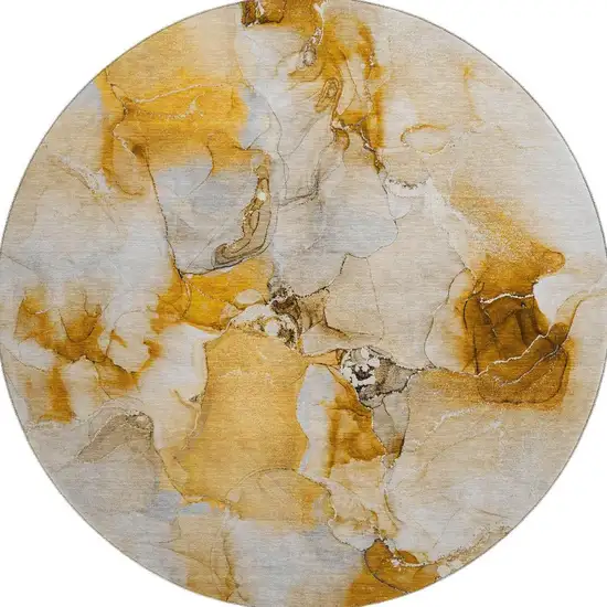 8' Orange And Ivory Abstract Washable Round Rug With UV Protection Photo 4