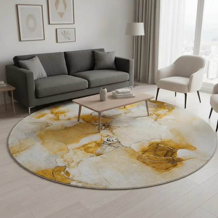 8' Orange And Ivory Abstract Washable Round Rug With UV Protection Photo 2